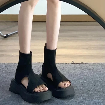 Крутые эластичные ботинки с высоким берцем, женские новые летние модные спортивные сандалии из маффинов с толстым дном