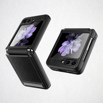 Черный чехол-кронштейн для Samsung Galaxy Z Flip 5 Flip5 5G Кожаный чехол с защитой от шарниров и задней защитной пленкой для маленького экрана
