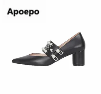 распродажи брендовых туфель-лодочек, черная кожаная женская обувь с белым жемчужным декором, туфли Мэри Джейнс на среднем каблуке, модная офисная женская обувь 2022