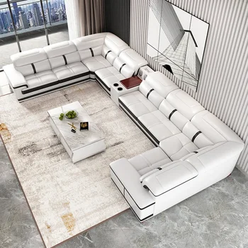 Moderne Einfache U-Förmigen Leder Sofa Große Wohnung Wohnzimmer Atmosphärischen Ecke Kombination KTV Selbst-Gebaut Häuser Villa