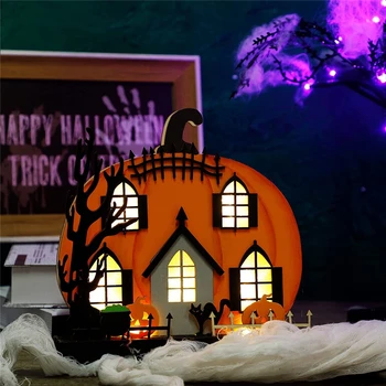 Деревянные светодиодные фонари на Хэллоуин, праздничные подарки в тыквенном домике, украшения на Хэллоуин, Светящаяся сказочная лампа, настольные украшения