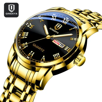 QINGXIYA Модные мужские кварцевые часы Лучший бренд класса Люкс с золотым ремешком из нержавеющей стали, водонепроницаемые часы со светящейся неделей и датой для мужчин