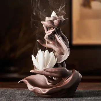 Курильница для благовоний в виде цветка Лотоса Элегантный Набор курильниц для благовоний Lotus Ручной работы Держатель с обратным потоком из 10 благовоний для дома для медитации