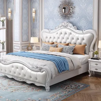 Детская европейская двуспальная кровать Royal Modern Whitr King Size Каркас Двуспальная кровать с изголовьем из дерева Camas Мебель для супружеской спальни