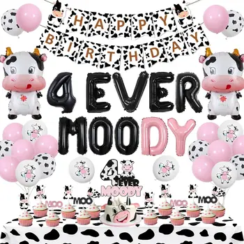 Декор для вечеринки в честь 4-го дня рождения коровы 4 Ever Moody С Днем Рождения, баннер с тортом, Топперы для кексов, Баннер, скатерть с коровой для тематической вечеринки с коровой