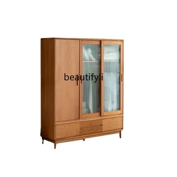 Скандинавский шкаф из массива вишневого дерева, простой домашний шкаф для спальни, шкаф со стеклянной раздвижной дверью.
