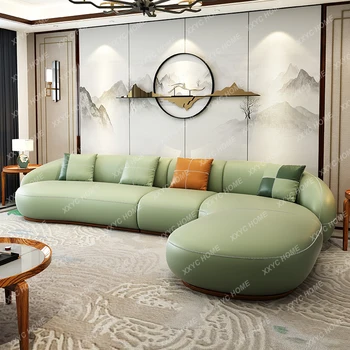 Современный Новый китайский стиль, гостиная из массива дерева, Небольшой квартирный диван, Итальянский кожаный диван, Комбинированный изогнутый диван