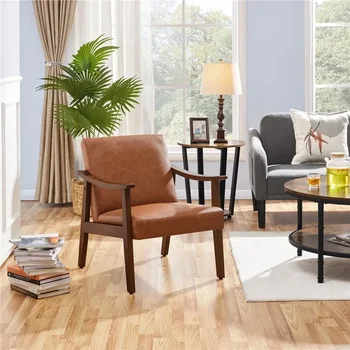 Современный акцент середины века в деревянной раме, темно-серая ткань, одноместный стул в гостиной, модный и приятный