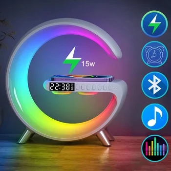 Умный RGB ночник Светодиодная атмосферная настольная лампа Многофункциональный будильник Динамик Управление приложением Беспроводное зарядное устройство для Iphone Samsung