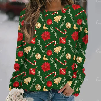 Женский свободный пуловер с круглым вырезом и длинными рукавами, повседневные футболки с принтом, футболка Y2K для милых девочек, рождественский подарок Harajuku 2024