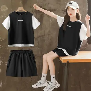 2ШТ 2023 Летние комплекты одежды для девочек-подростков, поддельные комплекты из двух предметов, короткая футболка + короткие штаны, детский спортивный костюм