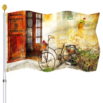 Велосипедный флаг, сельский каменный дом с велосипедными флагами сельской местности с латунными люверсами, сшитый двойным швом Флаг для внутреннего и наружного декора дома.