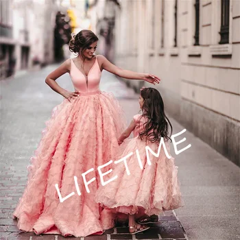 Розовые выпускные платья для мамы и дочки без рукавов, милое бальное платье принцессы на бретельках, вечернее платье с открытой спиной