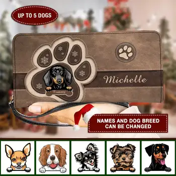 Рождественский клатч с принтом собачьей лапы на длинном ремешке, индивидуальные держатели для карт породы собак для женщин, кошелек для денег из искусственной кожи, многофункциональный