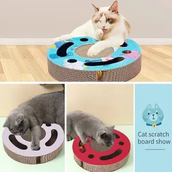 Когтеточка для кошек с колокольчиком, поворотный стол для кошек, игрушка с мячом для котенка, измельчитель игрушек для домашних животных, Износостойкая когтеточка для кошек из гофрированной бумаги