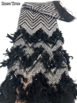Африканская кружевная ткань с 3D блестками и пером 2024 года, высококачественная Тюлевая ткань с вышивкой 5 ярдов в Нигерийском стиле для французского жениха для свадебного шитья