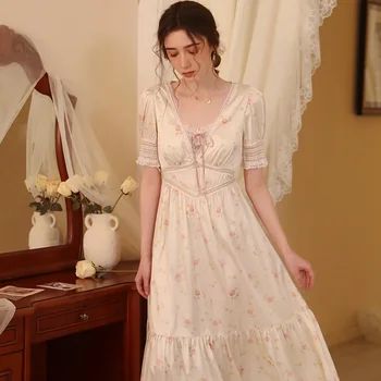 Пижамы с квадратным воротником и длинным рукавом, весенне-летняя ночная рубашка принцессы из атласа с коротким рукавом, винтажное ночное платье с принтом из ледяного шелка
