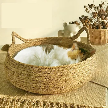 Уютная кровать для кошек и собак, Летняя когтеточка для кошек, Ротанговый моющийся наполнитель для кошачьего туалета, Принадлежности для кошек, тканая съемная подушка 46 см