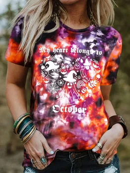 Осенний Хэллоуин 2023, футболка My Heart Belongs To October Ghost с модным принтом, повседневные дышащие топы Tie Dye в уникальном стиле Y2K