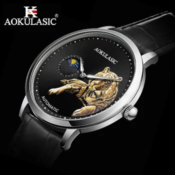 AOKULASIC Люксовый бренд Man Новые часы Автоматические Механические Часы Мужские Модные Кожаные часы с ремешком, Водонепроницаемые наручные часы, Светящиеся часы