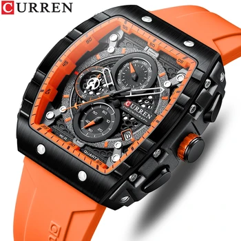 Кварцевые часы с хронографом CURREN для мужчин, военно-спортивные наручные часы с тонным циферблатом и оранжевым силиконовым ремешком с автоматической датой