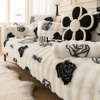 Зимний утолщенный плюшевый чехол для дивана с кроликом, теплые подушки, кожаные подлокотники для спинки дивана L-образной формы, нескользящие чехлы для диванов в гостиной