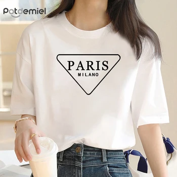 Кавайная треугольная футболка с надписью Paris, женские летние топы, футболки с изображением мультяшного сердца, Милая футболка с аниме Диснея, женская футболка