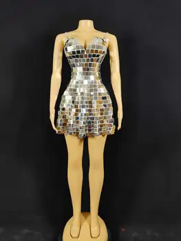 Серебряное Зеркально Сияющее Женское платье, сексуальная одежда для бальных танцев, одежда для сцены на День рождения, костюм Трансвестита, костюм для выступления в баре DS Show