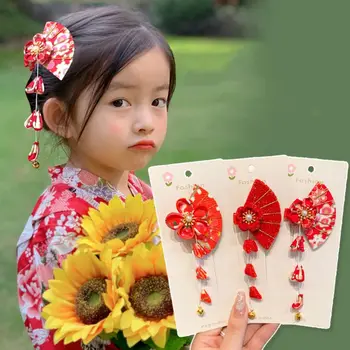 Детская Красная заколка с сакурой, цветочная ткань, Китайские новогодние головные уборы, древние головные уборы, детские головные уборы, заколка для волос Hanfu Fan