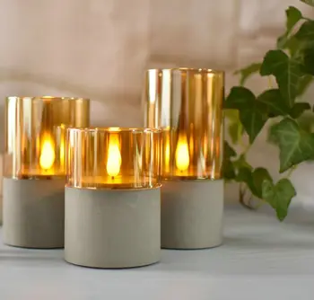 Набор из 3 светодиодных стеклянных свечей с 3D капельным пламенем, бетонный подсвечник, ламповые светильники на столбах с батарейным питанием, декор домашнего свадебного стола