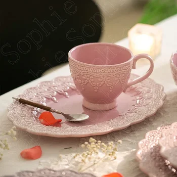 Кружевные Розовые Керамические Тарелки Обеденная Тарелка в скандинавском стиле Стейк, Макароны, Торт, десерт, овощной салат, посуда для домашнего использования, Чашки