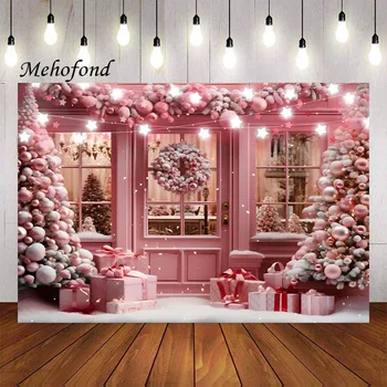 Фон для фотосъемки Mehofond, Зимнее Рождественское Снежное Розовое окно, Рождественская елка, подарок для детей, Семейный портрет, Декор, Фон для фотостудии
