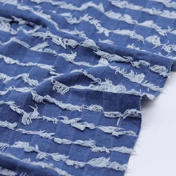 Кисточки из выстиранной джинсовой ткани по метру для пошива джинсовой одежды и пальто, утолщенная жаккардовая ткань синего цвета, текстиль в горизонтальную полоску.