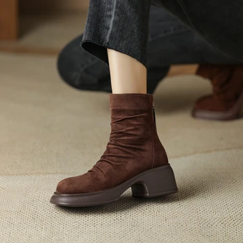 НОВЫЕ осенне-зимние женские ботинки, ботинки с квадратным носком на массивном каблуке, женская обувь из овечьей замши, ботильоны в стиле ретро сапоги женские