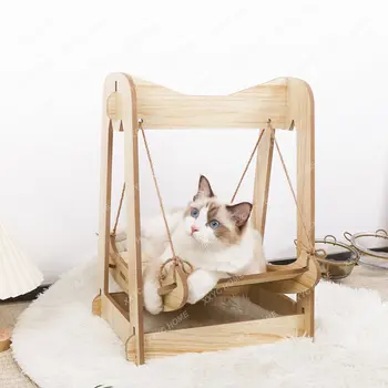 Гамак для кошек Деревянная кровать-качалка Кресло-качалка для кошек Колыбель Кошачье гнездо Кресло-качалка Маленькая Съемная и моющаяся кровать для домашних животных Кошачья кровать