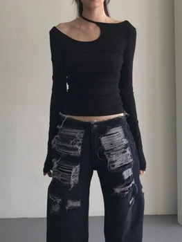 Женские топы Y2k с вырезами, рубашки с асимметричным вырезом, облегающие рубашки в стиле панк, черные блузки с длинным рукавом, уличная одежда
