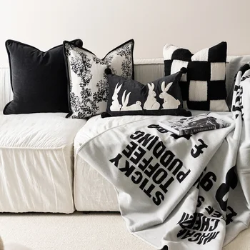 Ретро Черные подушки, наволочка с вышивкой кролика, Белая Черная декоративная наволочка для дивана, украшение для дома в роскошном номере