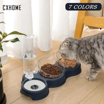 Миска для домашних кошек, автоматическая кормушка 3-в-1, миска для корма для собак и кошек с фонтаном, двойная миска для питья, приподнятая подставка, миски для посуды для кошек