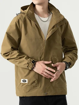 Осенняя повседневная куртка Мужская уличная водонепроницаемая одежда с несколькими карманами Ветрозащитная куртка с капюшоном Мужская куртка Оверсайз Мужская одежда