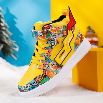Детские спортивные кроссовки с высокими щиколотками, осенне-зимние уличные Детские прогулочные ботинки для мальчиков, Желтая обувь 2018-1