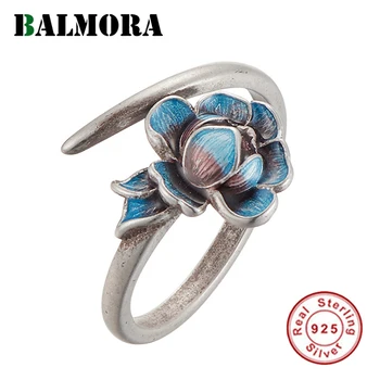 Обручальные кольца BALMORA из стерлингового серебра 925 пробы в стиле ретро Lotus с открытой укладкой для женщин, Вечерние Эмалированные Элегантные модные украшения Anillos