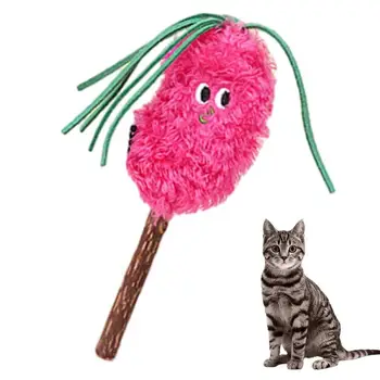 Жевательная палочка для кошек, игрушки-жевалки для котят, палочка-дразнилка из кошачьей мяты с короткими плюшевыми стаканами из многоугольного конуса из натурального дерева с круглым Дном