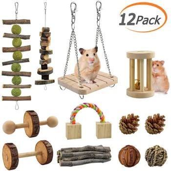 Комбинированная деревянная игрушка для хомяка в упаковке из 12 предметов, клетка для маленьких домашних животных, моляры для игры с кроликами, аксессуары для хомяков