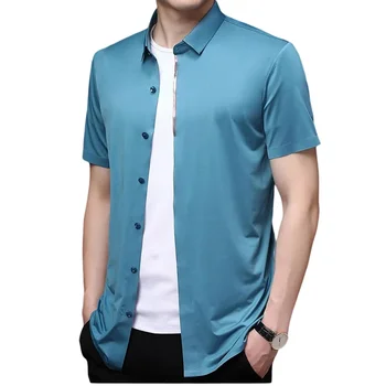Новая летняя мужская деловая повседневная Приталенная бесшовная тонкая рубашка, однотонная, с короткими рукавами, 4 цвета По желанию, прохладный дышащий топ для мужчин