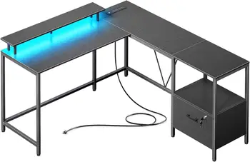 Офисный стол PRAISUN L-образной формы со светодиодной подсветкой и розетками питания, реверсивный компьютерный стол с картотекой и полками для мониторов,