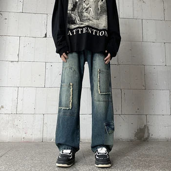 Мужские выстиранные джинсы в американском стиле, новые Корейские прямые брюки с широкими штанинами, модные Осенние винтажные мужские брюки 2023 года, A77