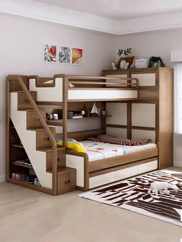 Верхние и нижние кровати из белого вощеного дерева Yousheng, комбинированная кровать из цельного дерева округлой формы, кровать-шкаф, хранилище