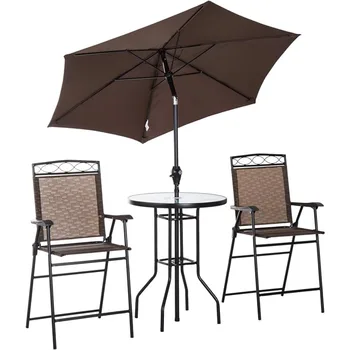 Набор обеденной мебели для патио из 4 предметов, 2 складных стула, зонт с регулируемым углом наклона, обеденный стол из стекла с волнистой текстурой.