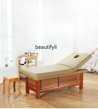 Кровать для лица из массива дерева, высококачественная массажная кровать, салон красоты, Отступающая татуировка со шкафом