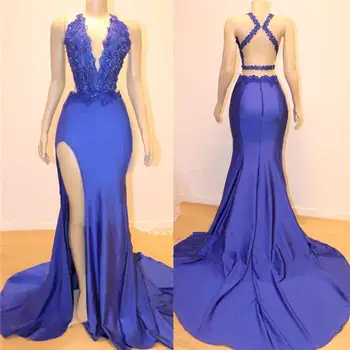 Сексуальные синие длинные платья для выпускного вечера в стиле русалки С V-образным вырезом, аппликацией из пайеток, вечерние платья с разрезом крест-накрест, вечернее платье с открытой спиной